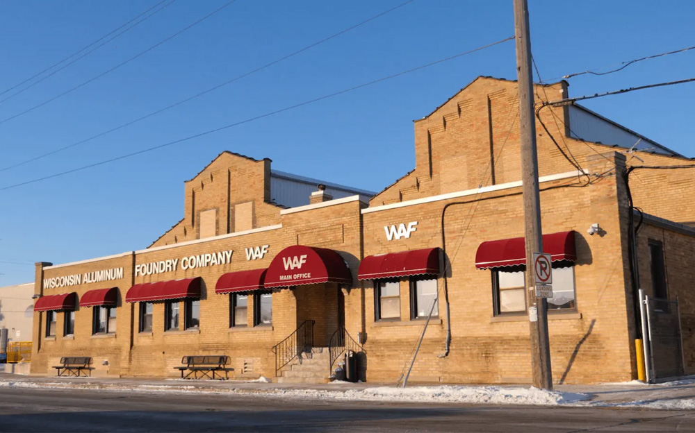 Exterior of Wisconsin Aluminum Foundry's main building in Manitowoc, Wisconsin.