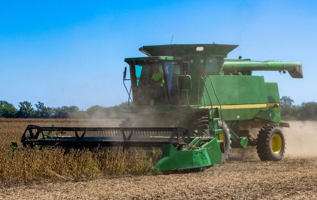 Under a blue sky, an agricultural combine harvests wheat.