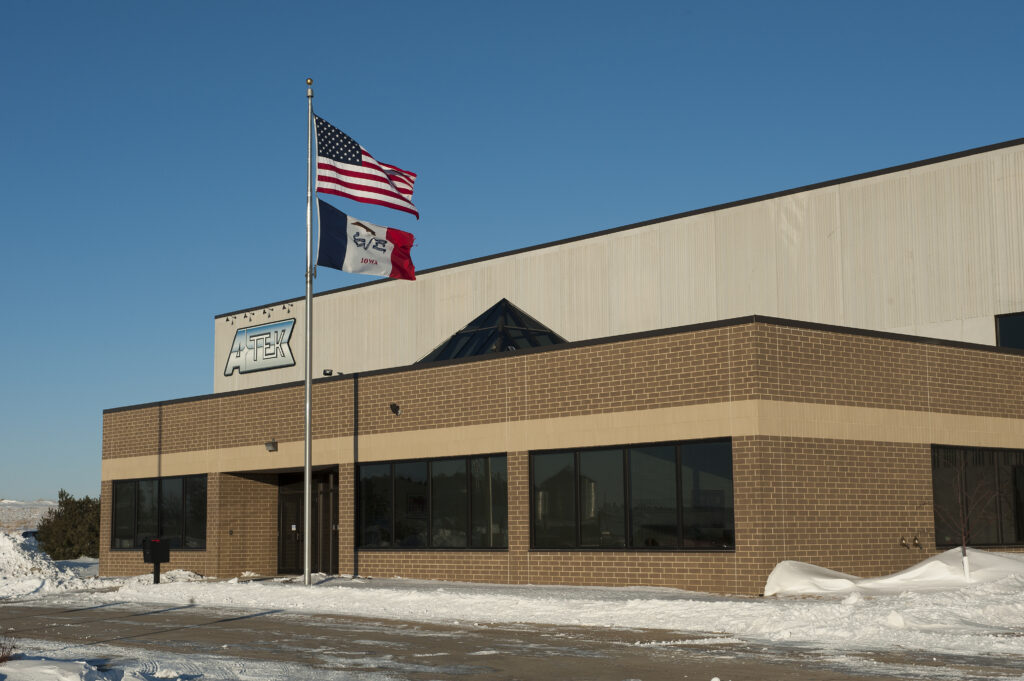 Exterior street view of the main office and foundry at ATEK Metal Technologies, a Wisconsin Aluminum Foundry company in Iowa.